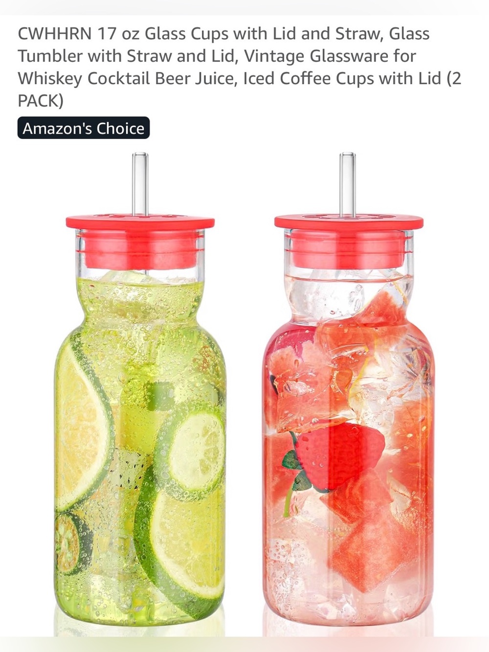 Clear Glass Tumbler Set with Red Lids and Straws - 2 Pack
